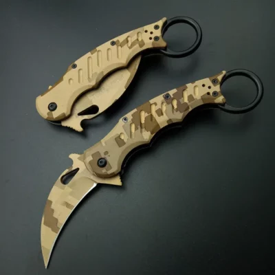 Faca Tática Karambit OEM EDC - Lâmina 440C com Padrão de Corrosão e Cabo Deserto para Sobrevivência